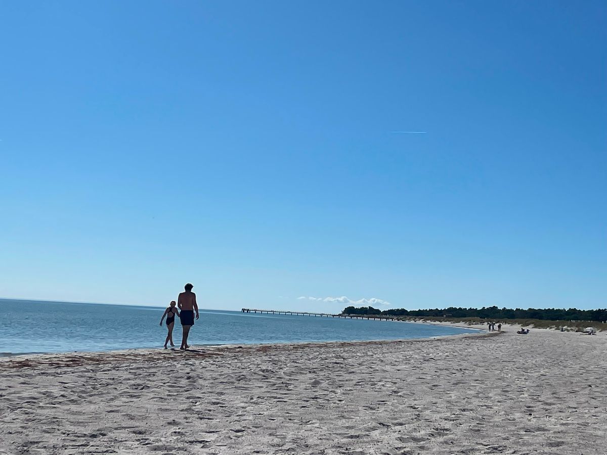 A wide, nearly empty beach at Höllviken in southern Sweden under a clear blue sky, with people walking near the calm sea